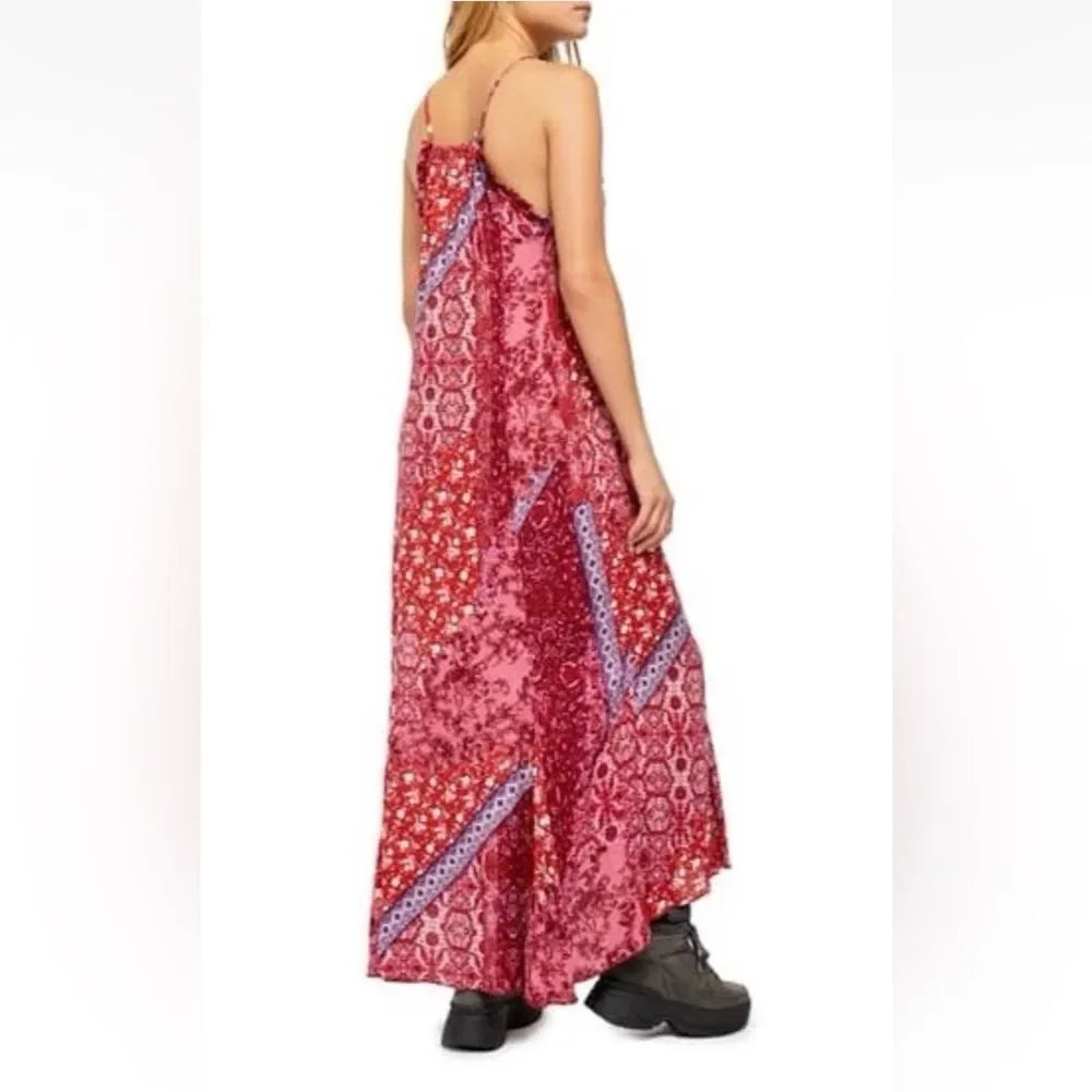 Free People Work Of Art Printed Maxi Slip | XS | Ruby Combo
